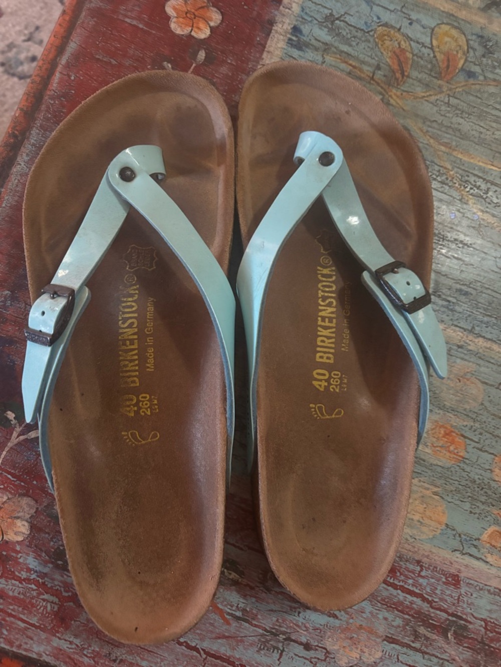 Birkenstock baby blue flip flops